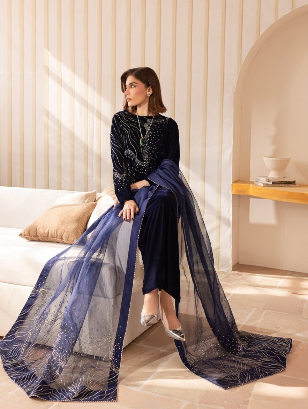 Velevt Navy Women's Suit with Sheer Embellished Dupatta